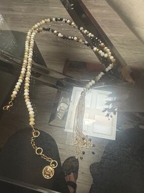 Jessica Simpson Gold and Cream Beaded Tassel Necklace